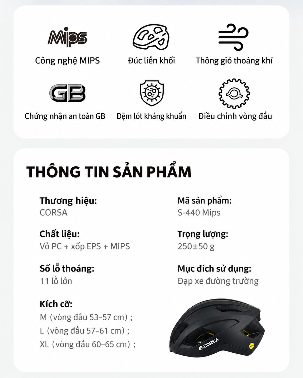6 điểm nổi bật và thông tin sản phẩm: vỏ PC + xốp EPS + MIPS, nặng 250±50 g, 11 lỗ thoáng, size M 53–57 cm, L 57–61 cm, XL 60–65 cm